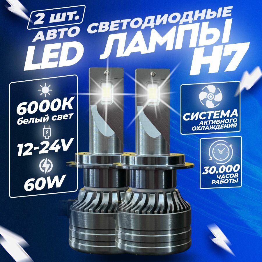 Светодиодные автомобильные LED лампы H7 белый свет 6000к простая установка, 2 шт