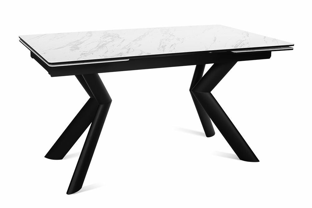 Стол обеденный керамический раздвижной RIO 140 MRB PL CER на металлокаркасе, столешница керамика, 140(220)х85 см (белый мрамор/черные ножки)
