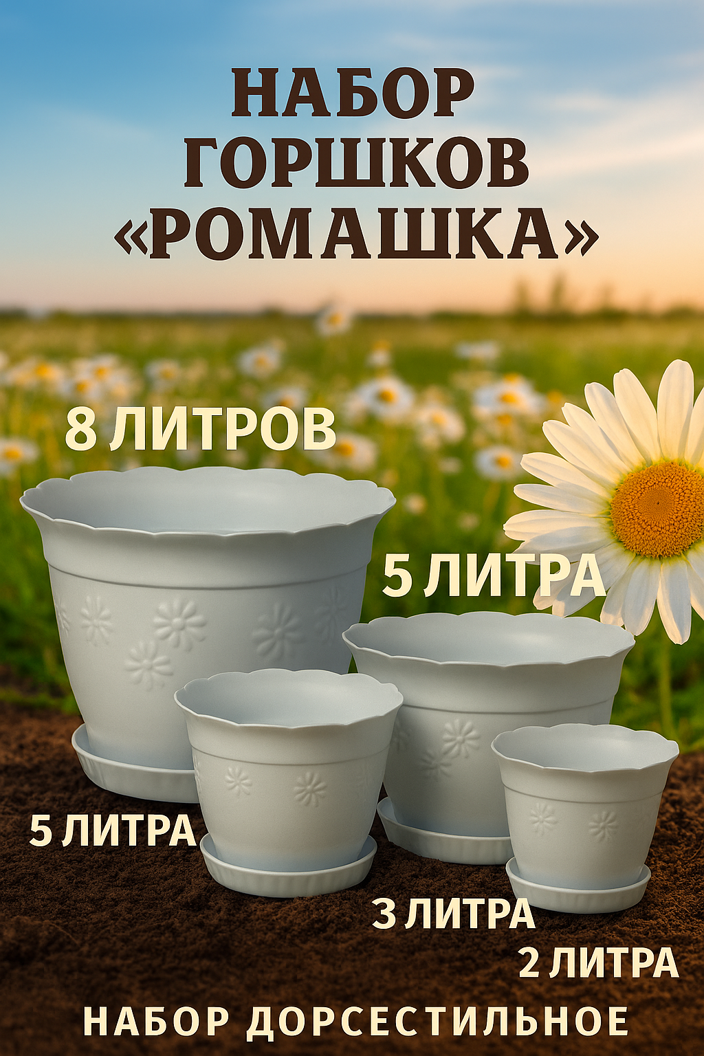 Набор декоративных пластиковых горшков «Ромашка». прочный и лёгкий пластик