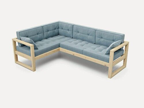 Изображение товара Угловой садовый диван Arsko Астер-У-С левый, голубой-сосна, рогожка, массив дерева, для кафе и бара, в гостиную, скандинавский