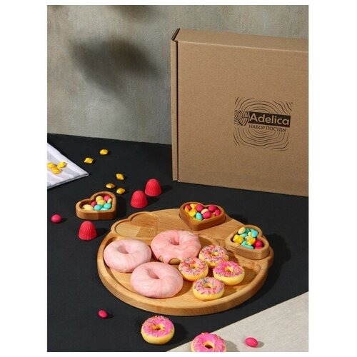 Подарочный набор деревянной посуды Adelica поднос с 3 соусниками 302818 см в подарочной коробке берёза 1488₽