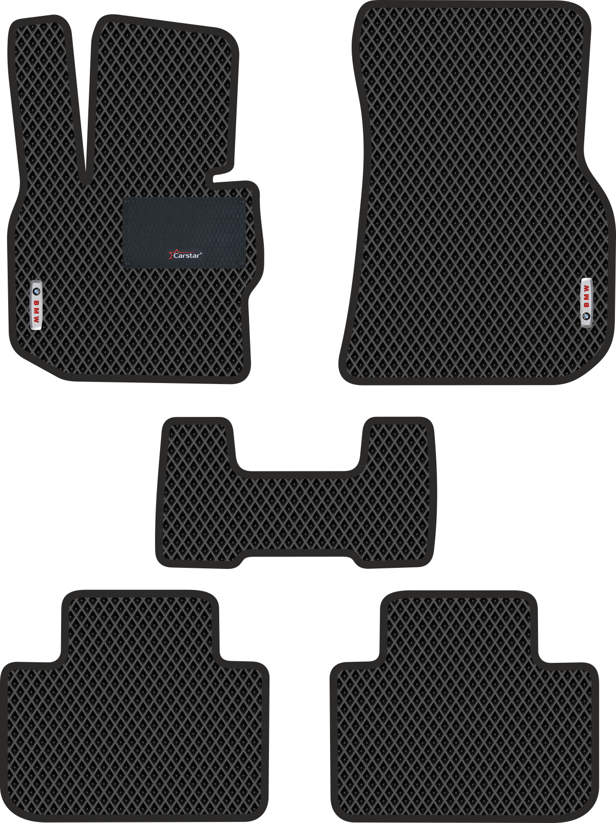 Автомобильные коврики EVA для BMW X3 III G01 (2017-н/в) с каучуковым подпятником и 2 эмблемами BMW, чёрные с чёрным кантом, ячейка - ромб