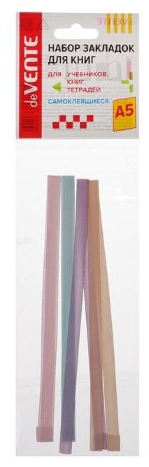 Набор закладок-ляссе deVENTE. Pastel, самоклеящихся для книг формата A5, 4 тонких ленты 6 x 290 мм, двусторонняя плотная лента, в пластиковом пакете