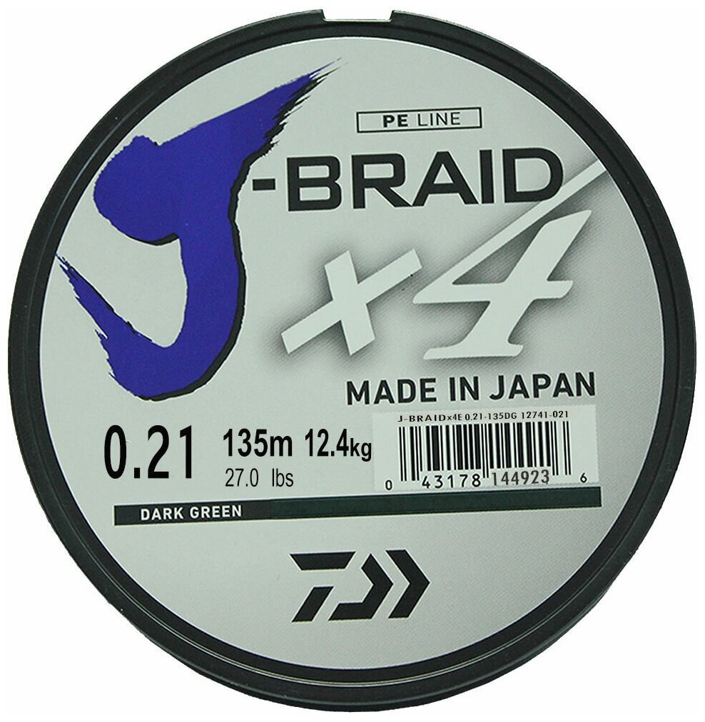 Шнур плетеный Daiwa J-Braid х4 135 m (зеленый) 0.21 mm/ 12.4 kg