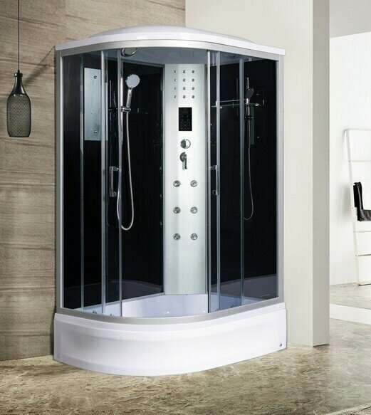 фото Гидромассажная душевая кабина River DUNAY 120х90х24 угловая правая с тонированным стеклом низким поддоном и крышей