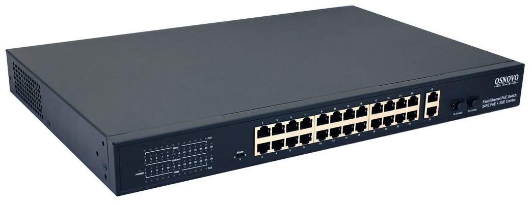 Коммутатор/ OSNOVO PoE коммутатор 24 x 10/100 Base-T PoE, 2 x GE Combo Uplink (RJ45 + SFP), PoE на порт - до 30W, суммарно PoE до 385W