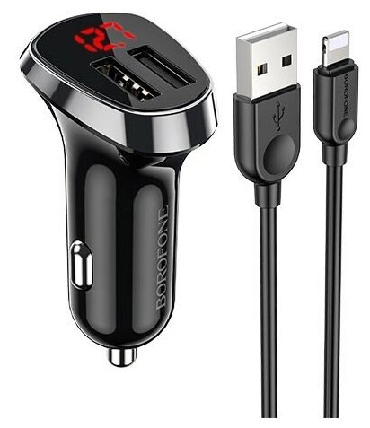 АЗУ BOROFONE BZ15 Auspicious 2xUSB, 2.4A, LED дисплей + кабель Lightning 8-pin (черный)