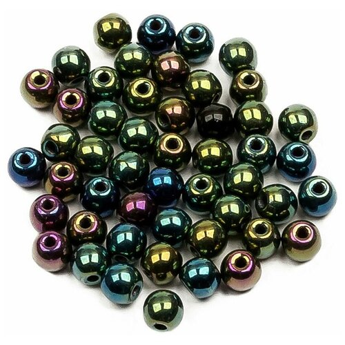 Стеклянные чешские бусины, круглые, Round Beads, 3 мм, цвет Jet Green Iris, 50 шт.