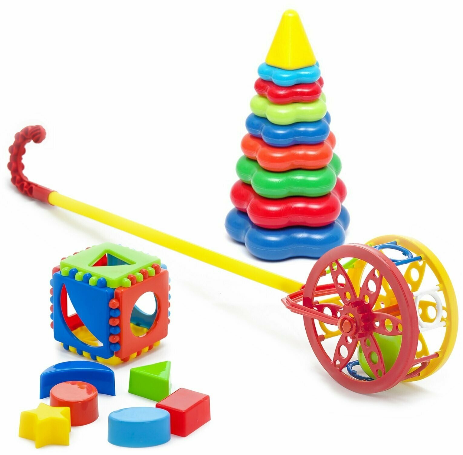 Развивающие игрушки для малышей Каталка "Колесо" + Игрушка "Кубик логический малый" + Пирамидка детская большая