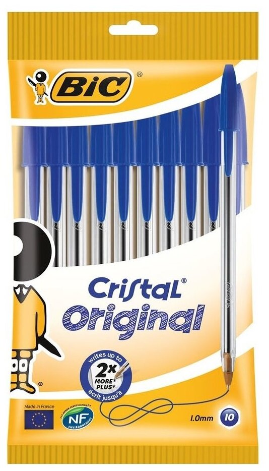 Ручки шариковые BIC "Cristal Original", набор 10 шт., синие, узел 1 мм, линия письма 0,32 мм, пакет, 830863