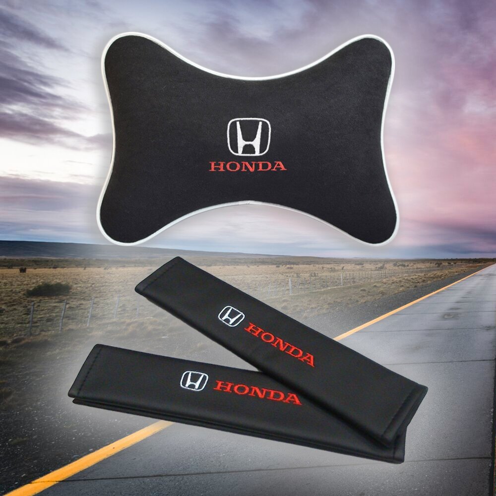 Подарочный набор автомобилиста из черного велюра для Honda (хонда) (подушка под шею на подголовник и накладки на ремень безопасности)