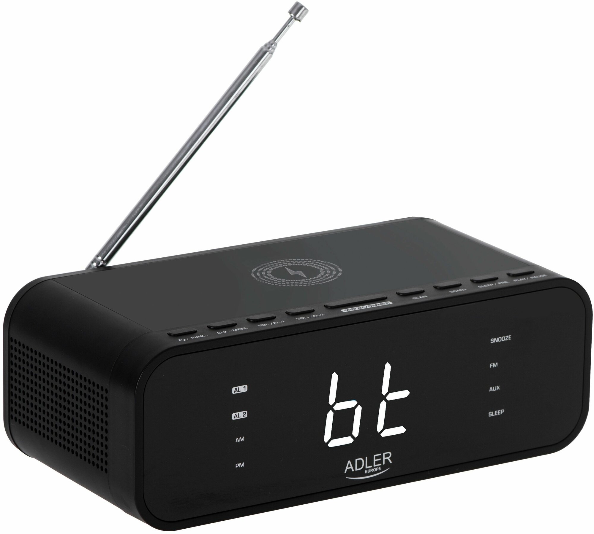 Часы с радио FM настольные, электронные Camry AD1192B с будильником, дисплеем, 5 Вт, Bluetooth 5.0 и AUX, беспроводная зарядка для телефона, черные