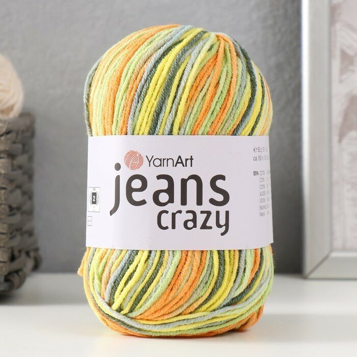 Пряжа YarnArt Jeans CRAZY желтый-оранжевый-салатовый-серый меланж (7201), 55%хлопок/45%акрил, 160м, 50г, 1шт - фотография № 4