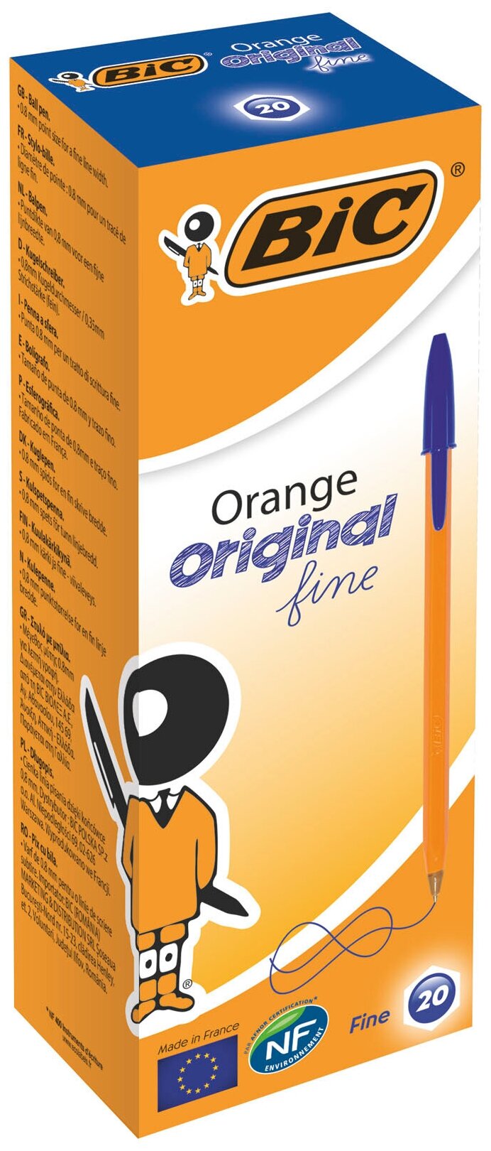 Ручка шариковая Bic "Orange" синяя, толщина стержня 0,8 мм, толщина линии 0,3 мм, упаковка 20 шт.