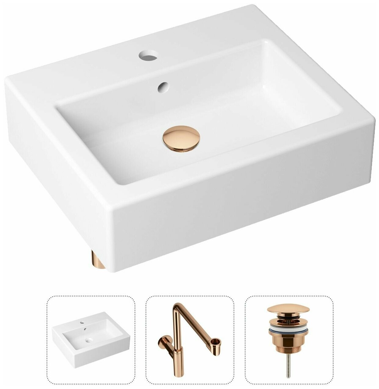 Накладная раковина в ванную Lavinia Boho Bathroom Sink 21520701 в комплекте 3 в 1: умывальник белый, донный клапан и сифон в цвете розовое золото