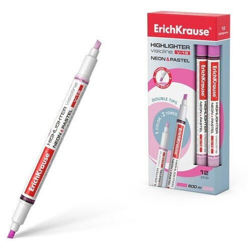 Маркер текстовыделитель ErichKrause Visioline V-16 Neon+Pastel, 0.6-3.3 мм, двусторонний, чернила на водной основе, розовый (12 шт.)