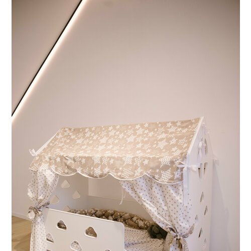 фото Текстиль на кровать домик 80х160 см. крыша-балдахин на кровать домик со шторками, 100% хлопок, поплин, цвет бежевый со звездами базисвуд