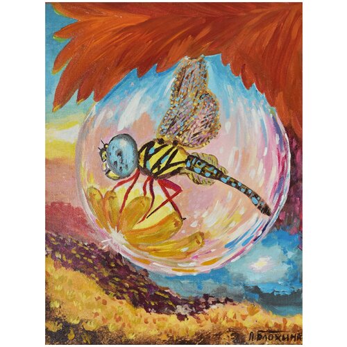 Сквозь каплю. Стрекоза. Акриловая живопись. Авторская картина акрилом на холсте 30х40. Оригинал