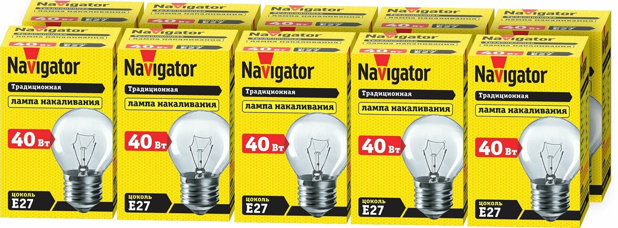 Лампа накаливания Navigator 94 310 NI-C, 40 Вт, шар, Е27, упаковка 10 шт.