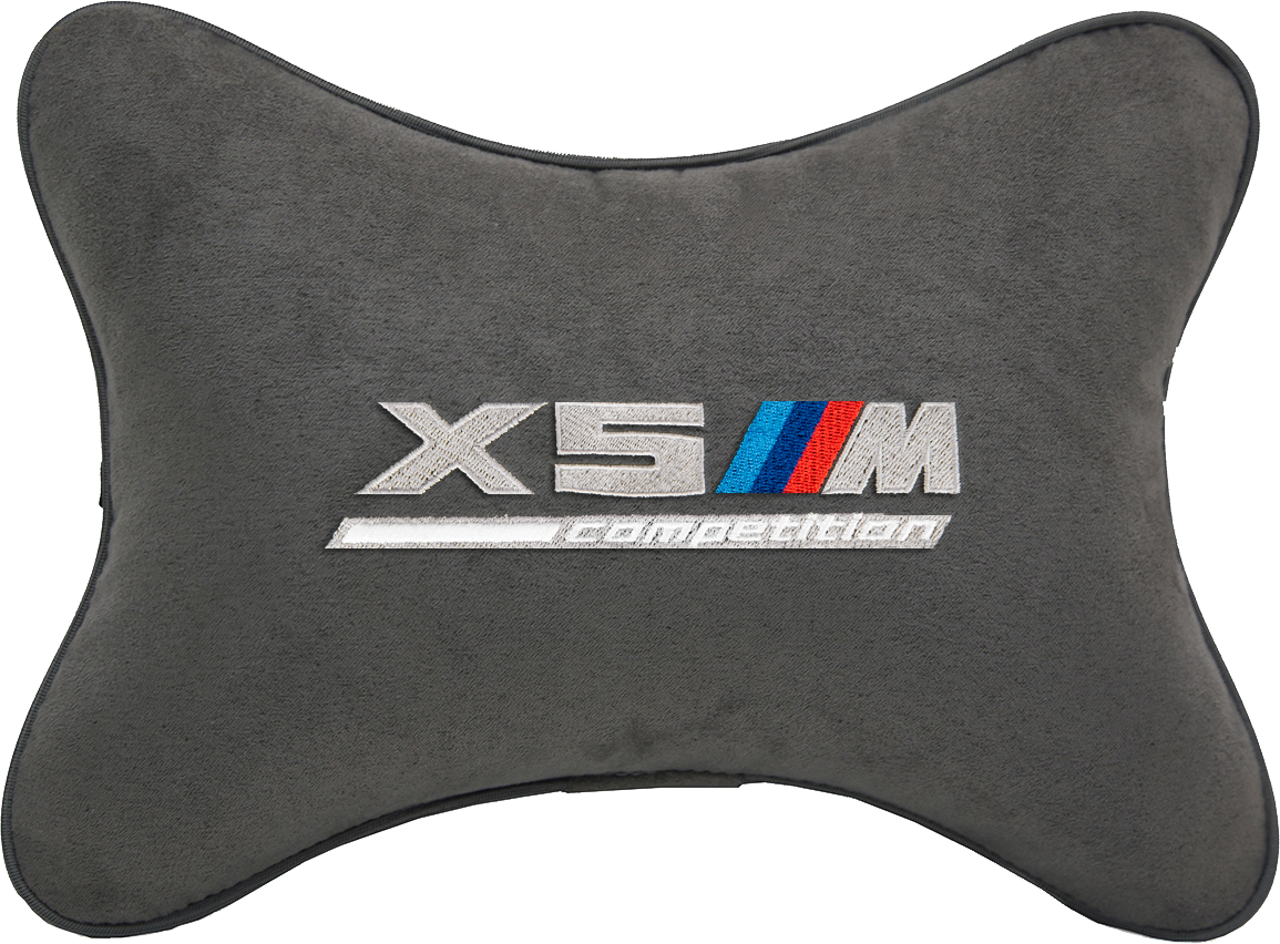 Подушка на подголовник алькантара D.Grey с логотипом автомобиля BMW X5M COMPETITION