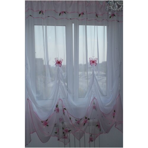 Комплект штор для кухни Шедевр (розовый + розовый цветок), нейлон + органза, регулируется по высоте от 1,7 м до 2,1 м, по ленте до 2 м