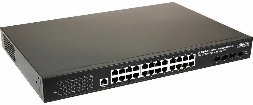 Коммутатор OSNOVO Гигабитный L3 PoE на 28 портов, 24 *10/100/1000 Base-T PoE, 4*10G SFP+ Uplink, PoE на порт до 30W, суммарно до 400W