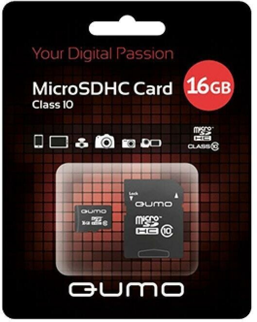 Карта памяти MicroSDHC 16 Gb CL10 Qumo в блистере с адаптером