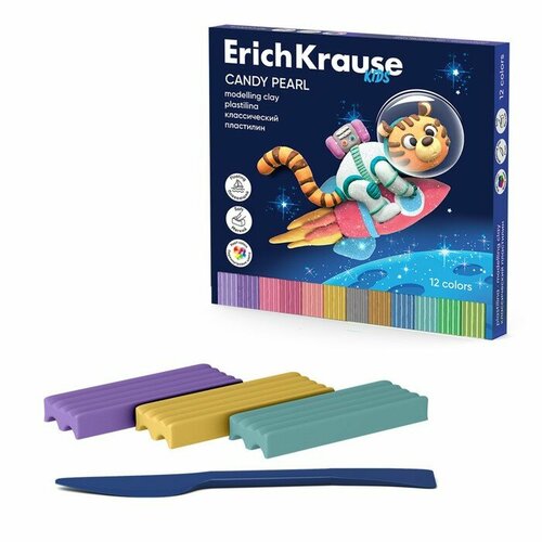 Пластилин 12 цветов 216г ErichKrause Kids Space Animals Candy Pearl, перламутровый, со стеком