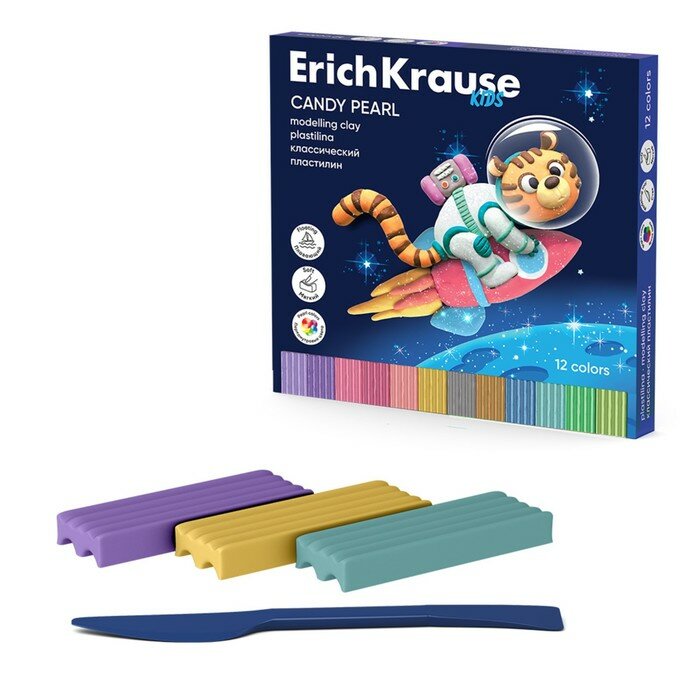 ErichKrause Пластилин 12 цветов 216г ErichKrause "Kids Space Animals Candy Pearl", перламутровый, со стеком