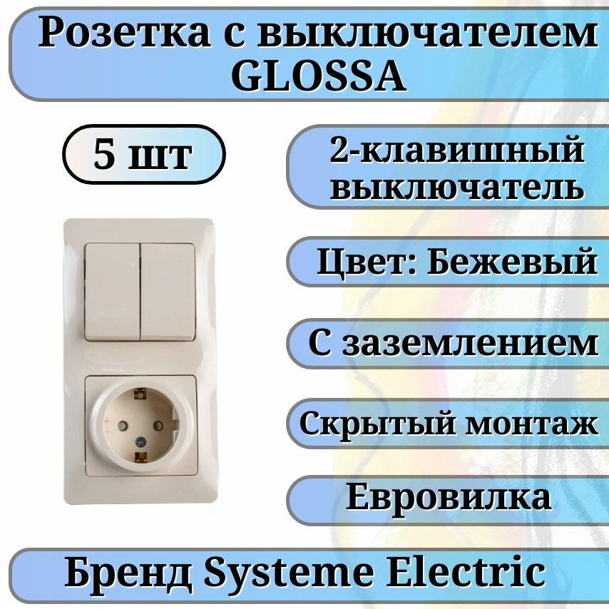 Выключатель двухклавишный с розеткой со шторками с заземлением / выключатель с розеткой / бежевый 5шт Systeme Electric Glossa GSL000274