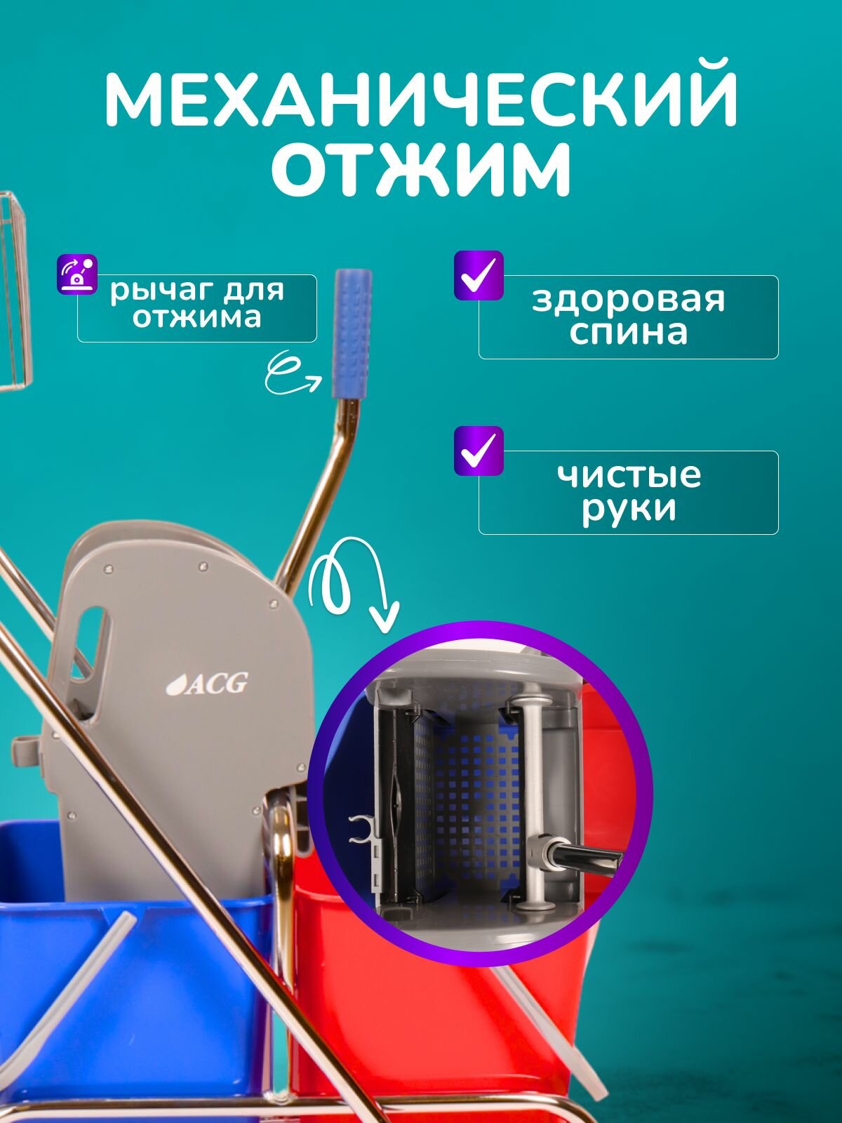 Тележка уборочная ACG многофункциональная, ведра 2*17л с отжимом, держателем для мешка и корзиной — фото 1