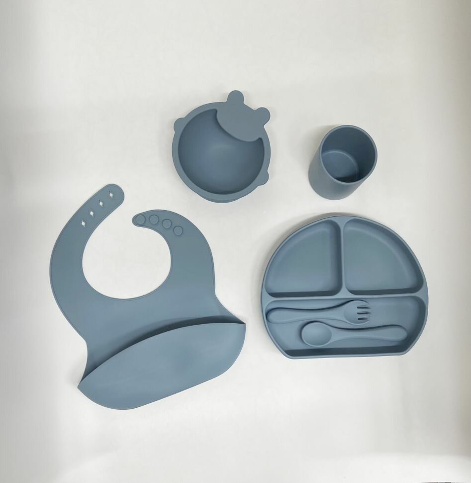 Набор детской посуды для кормления силиконовый синий