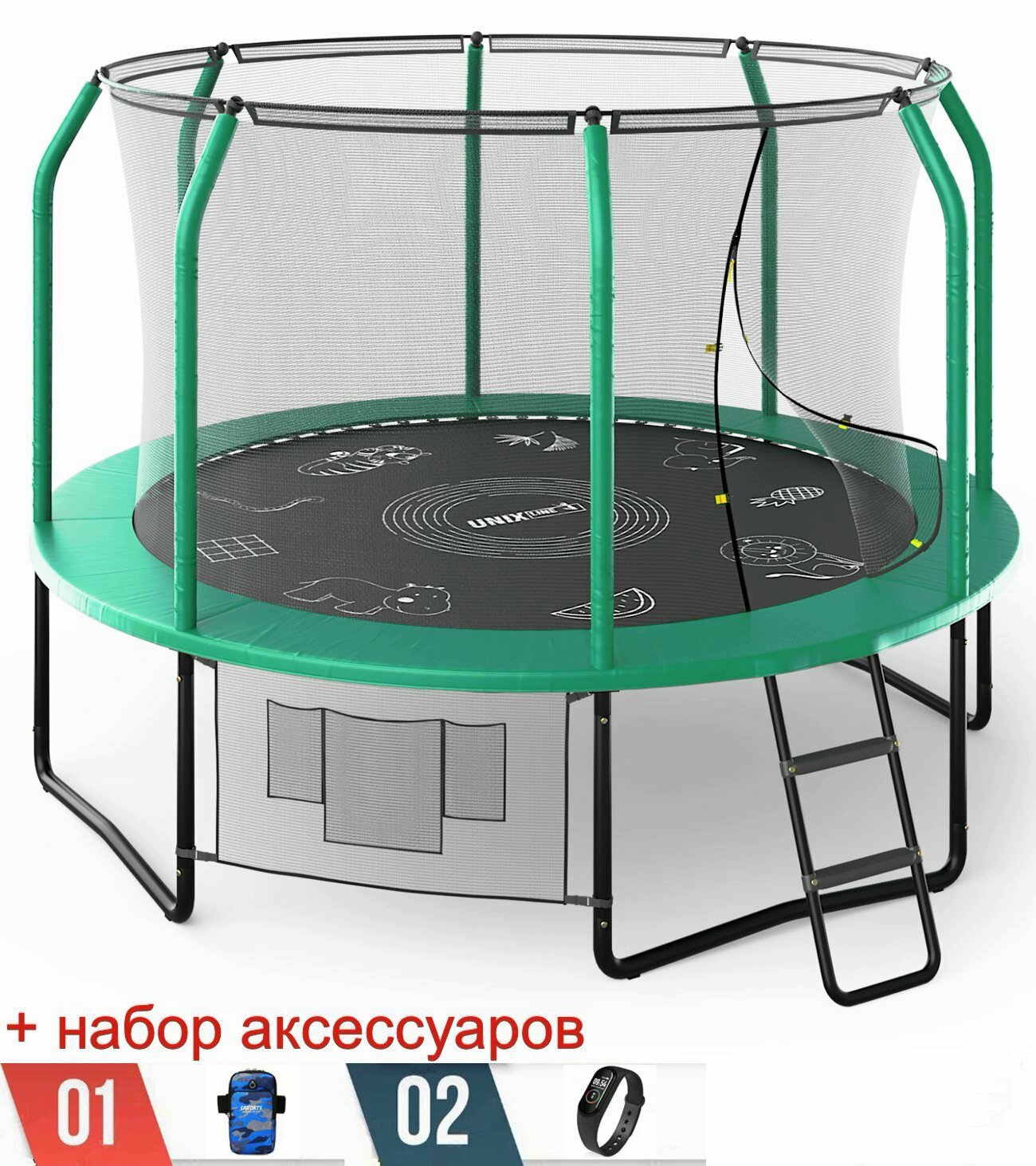 Каркасный батут Unix Line 10ft Supreme Game (green) + набор аксессуаров, 305х305х241 см