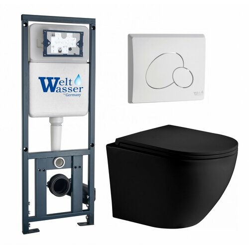 Комплект 3 в 1 инсталляция WeltWasser WW Marberg 410 10000005948 + Унитаз подвесной Weltwasser WW Merzbach 043 MT-BL + кнопка белая глянцевая RD