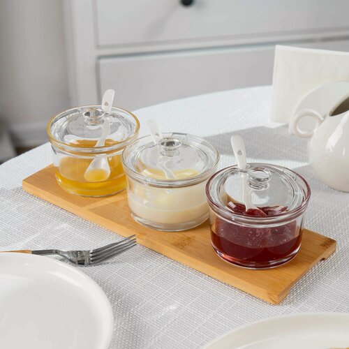Изображение товара Вазочка для джема/сахара, Kuchenland, 180 мл, 3 шт, с ложками, на подставке, Bamboo