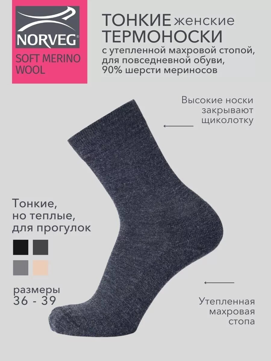 Термоноски NORVEG Soft Merino Wool, размер 38-39, антрацит