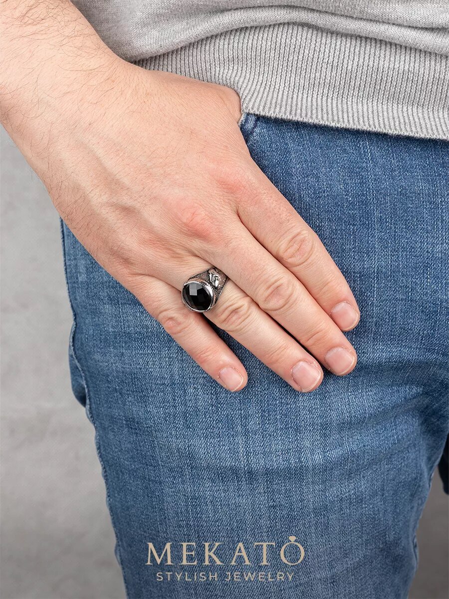 Печатка МЕКАТО, стекло, размер 23, серебристый/черный — фото 1