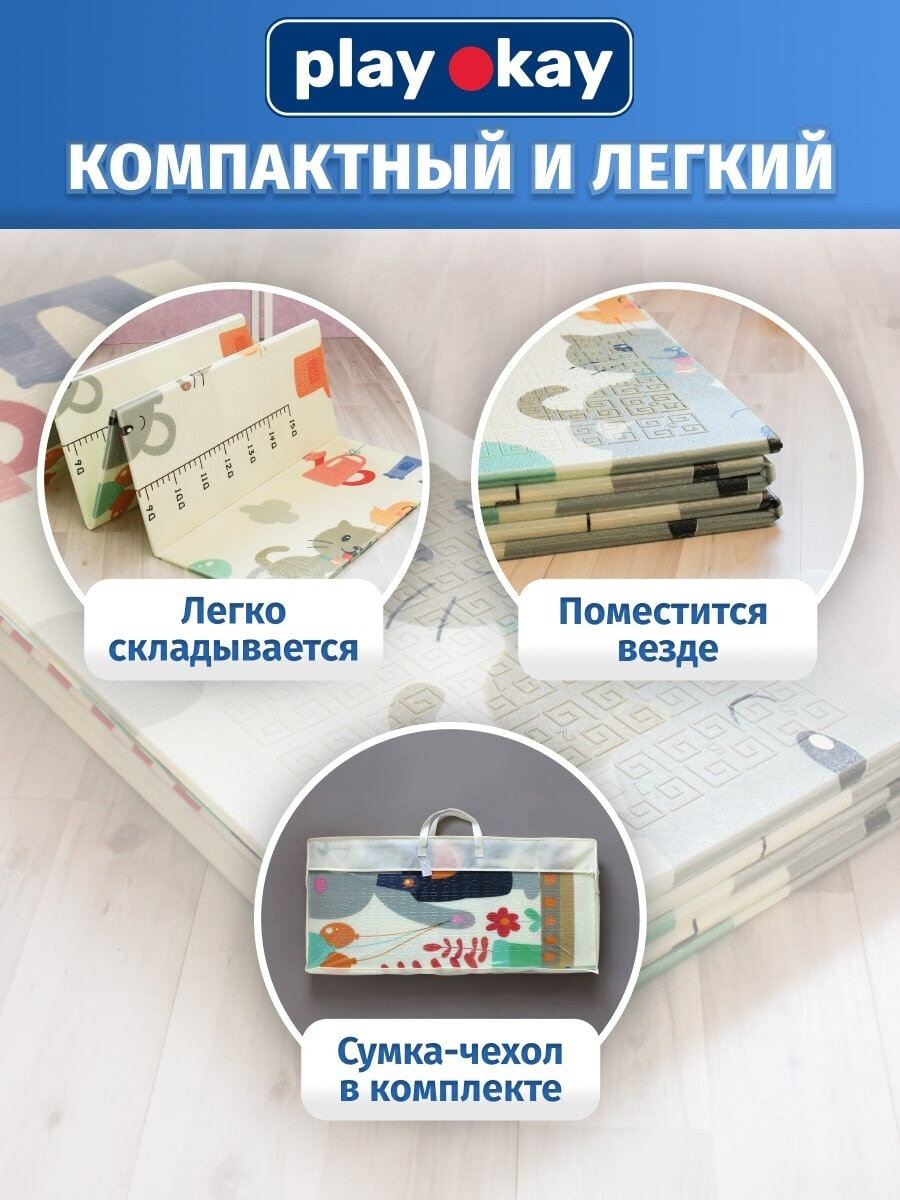 Коврик детский для ползания 180х200, Play Okay, Развивающий для детей, малышей, новорожденного ребенка, мягкий антискользящий складной игровой пол — фото 1