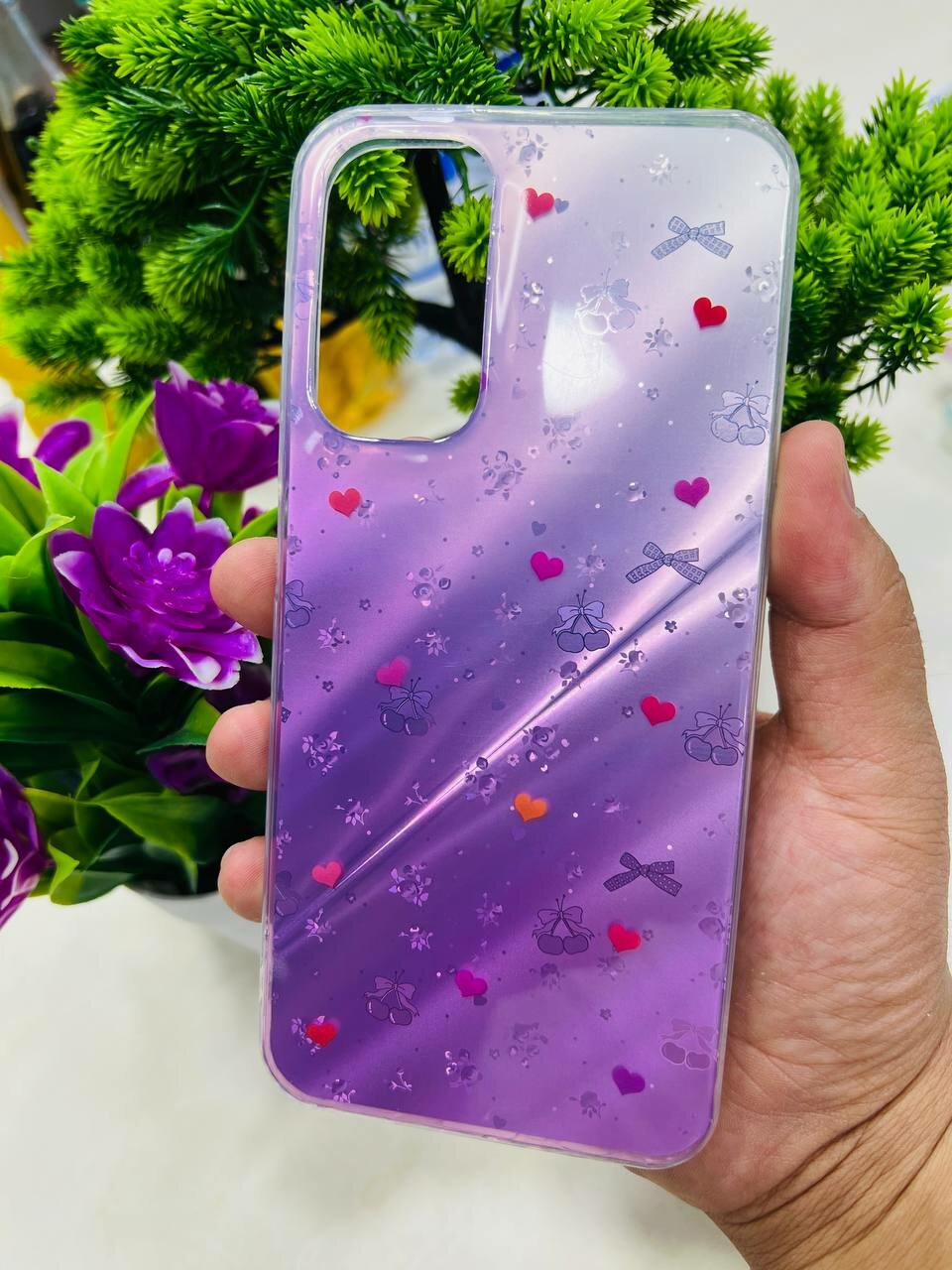 Декорированный защитный чехол “Purple Hearts & Cherry Glow” для Samsung A16 (с мерцающим эффектом)