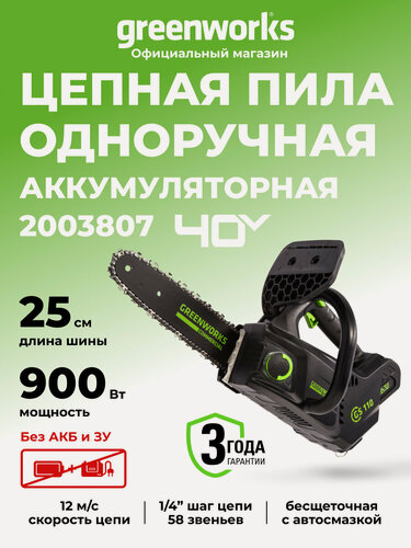 Изображение товара Пила цепная одноручная аккумуляторная Greenworks 2003807 (арбориста), 40V, 25,4 см, бесщеточная, без АКБ и ЗУ