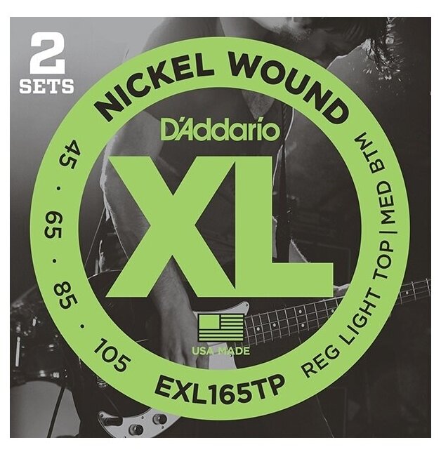 Струны для бас-гитары, Custom Light, 45-105, 2 комплекта, Long, Nickel Wound D'Addario EXL165TP