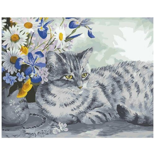 картина по номерам кошка в шляпе 40x50 см Картина по номерам Кошка в цветах, 40x50 см