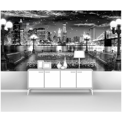 Фотообои на стену первое ателье Вид на современный ночной город с набережной и фонарями черно-белые 200х100 см ШхВ флизелиновые Premium 2107₽