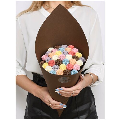 Букет шоколадных роз 37 шт. CHOCO STORY - сладкие разноцветные розочки в красивой упаковке, 444 гр. YA-B37-SH-MIX