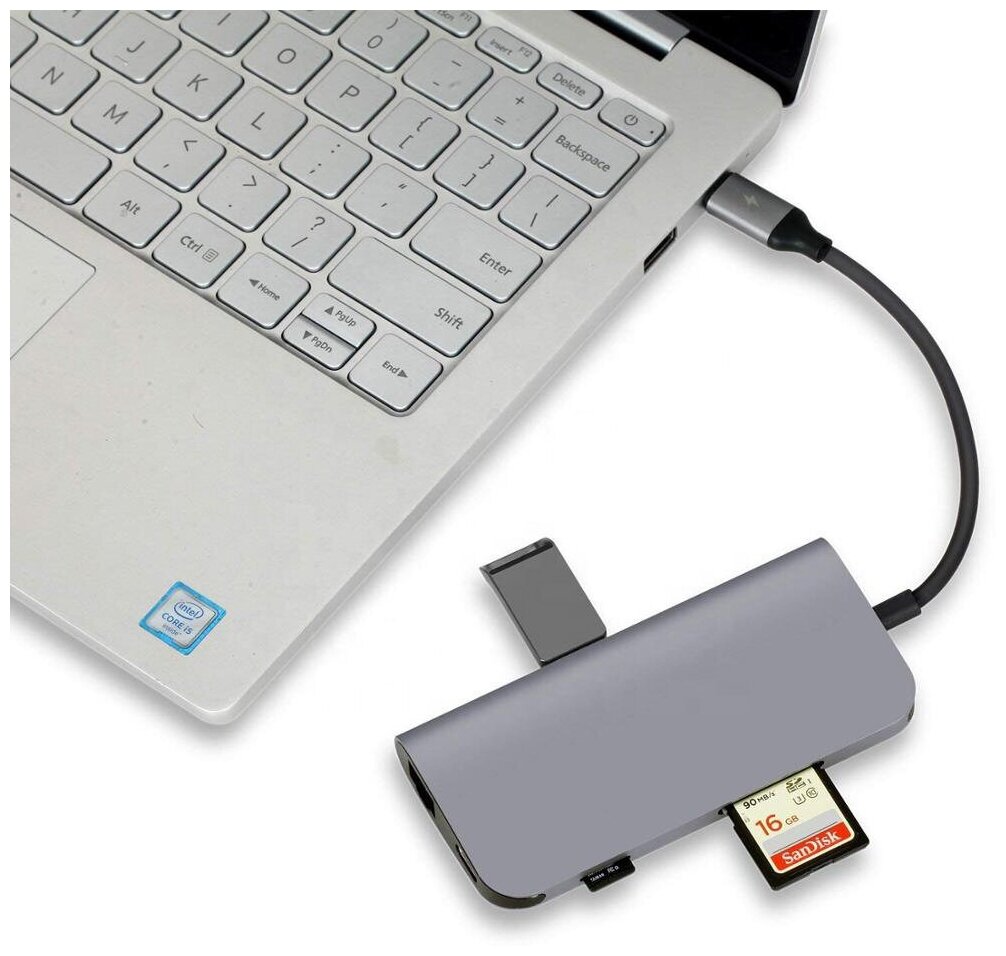 Type-C - концентратор, разветвитель, хаб GSMIN BL14 8 в 1 (LAN, Type-C, SD Card, TF Card, 3x USB 3.0, HDMI) переходник, конвертер, адаптер (Серебристы