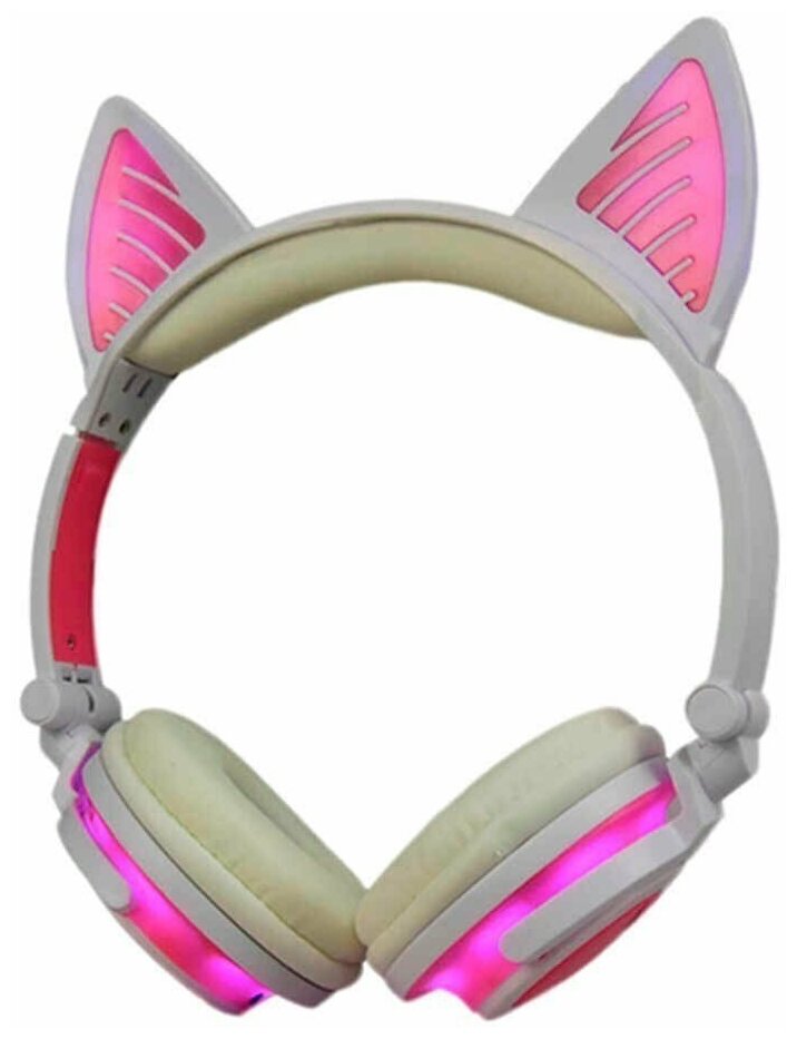 Светящиеся наушники "Ушки кошки" бело-розовые с подсветкой и Bluetooth