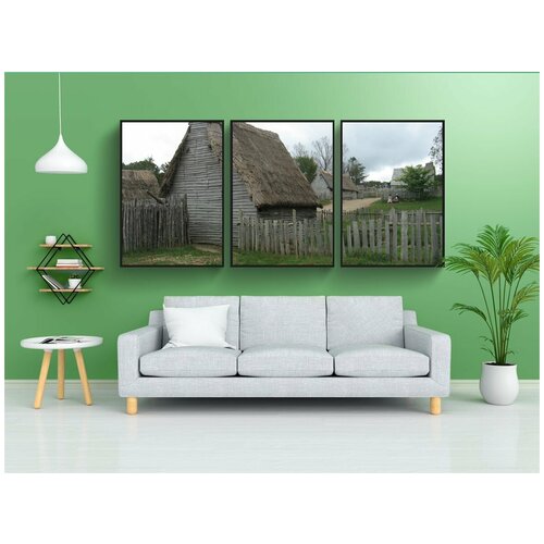 фото Набор модулных постеров для интерьера "коттедж, соломенной крышей, деревянный забор" 60x90 см. в тубусе, без рамки lotsprints