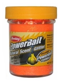 Паста форелевая Berkley PowerBait Natural Scent Glitter Trout Bait Garlic Fluorescent Orange (чеснок оранжевый флуоресцентный) 50гр