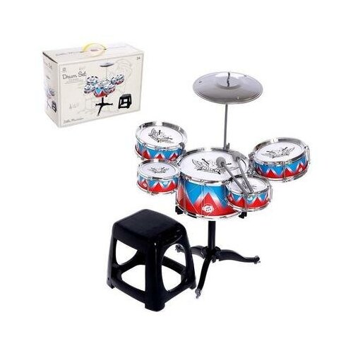 Барабанная установка Рок, 5 барабанов, тарелка, палочки, стульчик 5246445 .