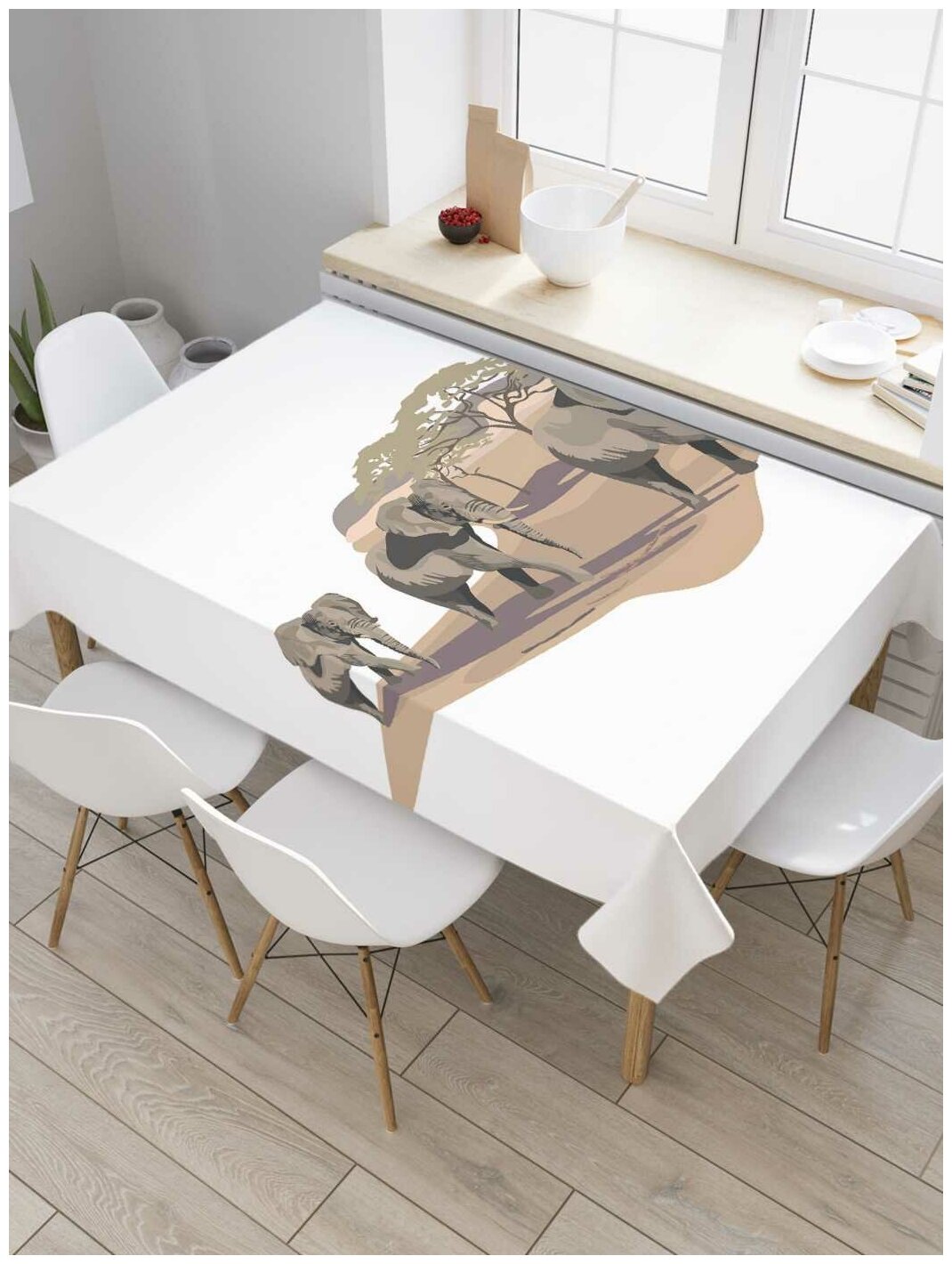 Скатерть прямоугольная JoyArty на кухонный стол "Марш слонов" из оксфорда, 120x145 см